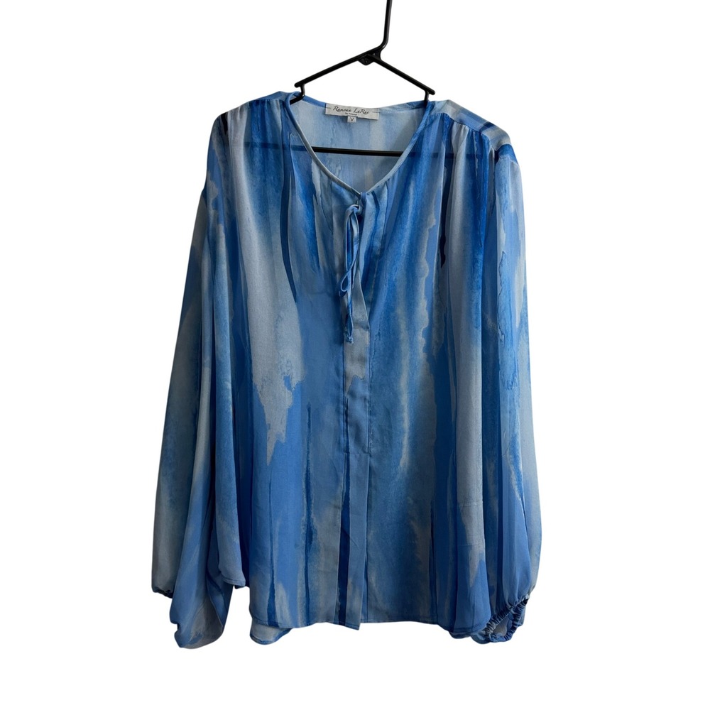 Ramona LaRue Cover Up Womens V Blue Watercolor Chiffon Tie Neck Balloon Sleeve